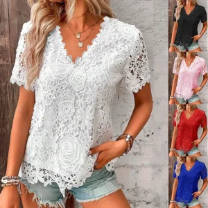 Lace Tee Shirt for Women Vintage Top Solid Color Short Sleeve V Neck Streetwear Ladies Casual 2025 Spring Summer Basic Tops