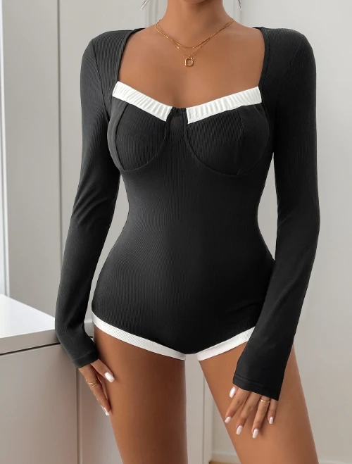 Sexy Bodysuit Women 2025 Spring Fashion Color Blocking Square Neck Long Sleeved Casual Knitted High Elasticity Bodysuit Y2K Tops